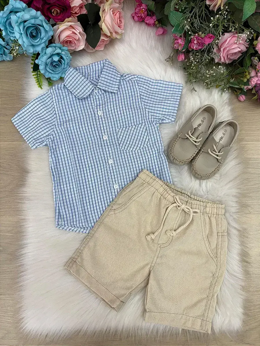 Conjunto lucas shorts camisa azul listrada