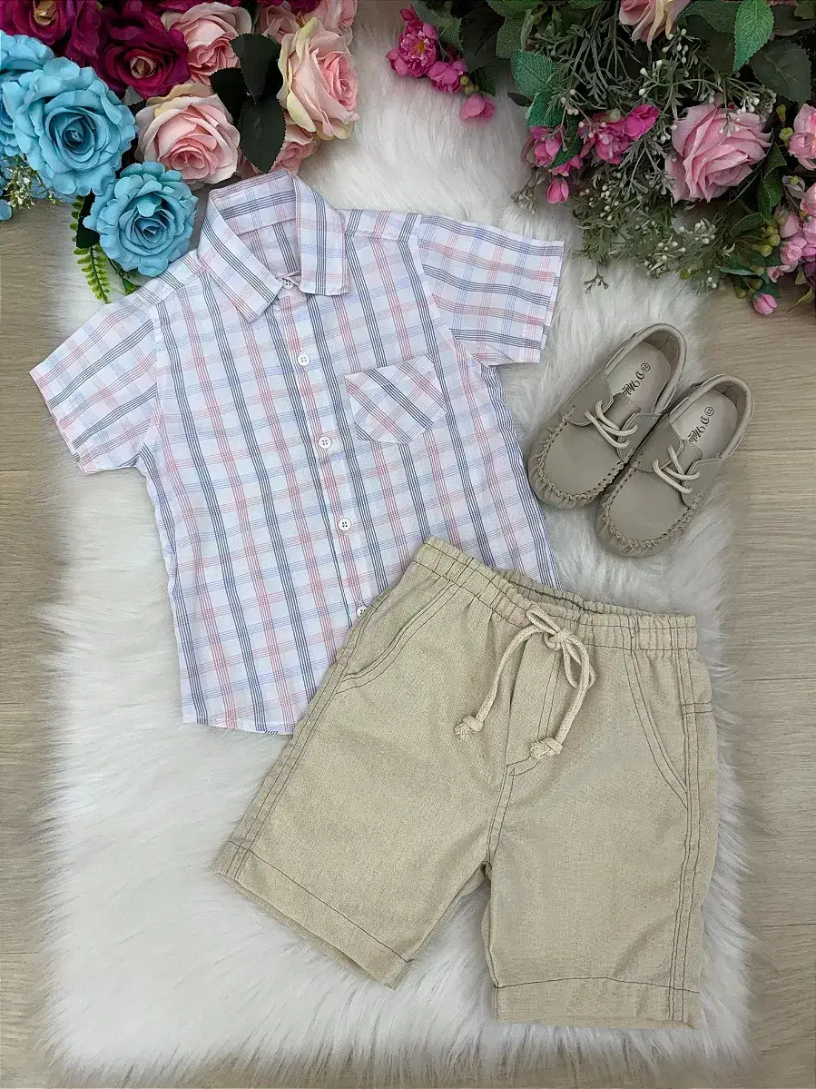 Conjunto lucas shorts linho camisa xadrez