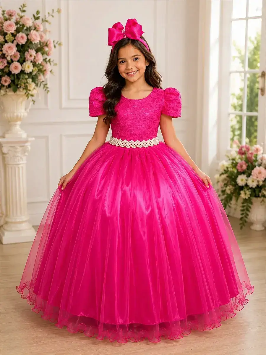 Vestido laura longo pink rendado