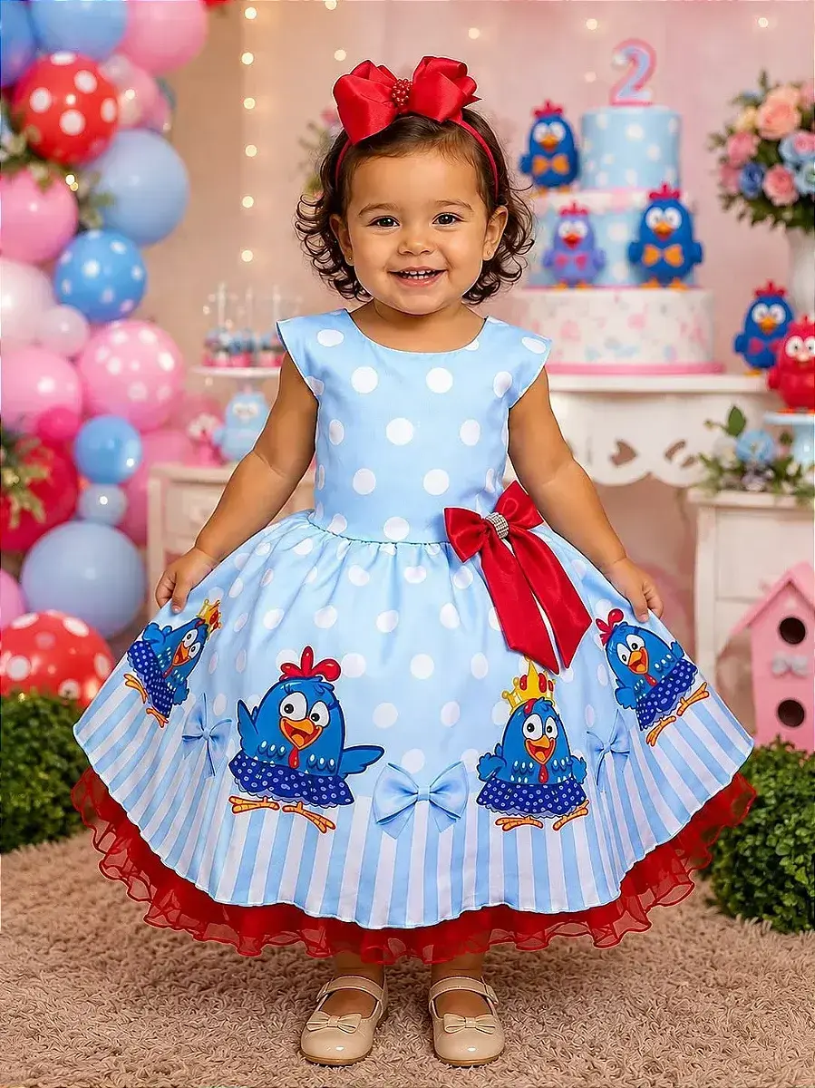 Vestido festa galinha pintadinha azul vermelho
