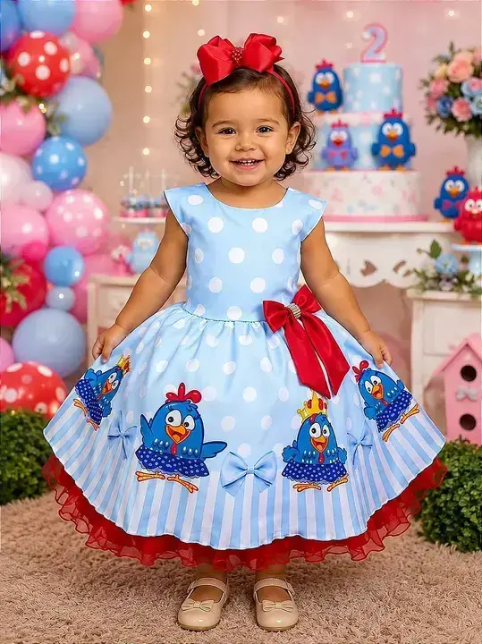 Vestido festa galinha pintadinha azul vermelho