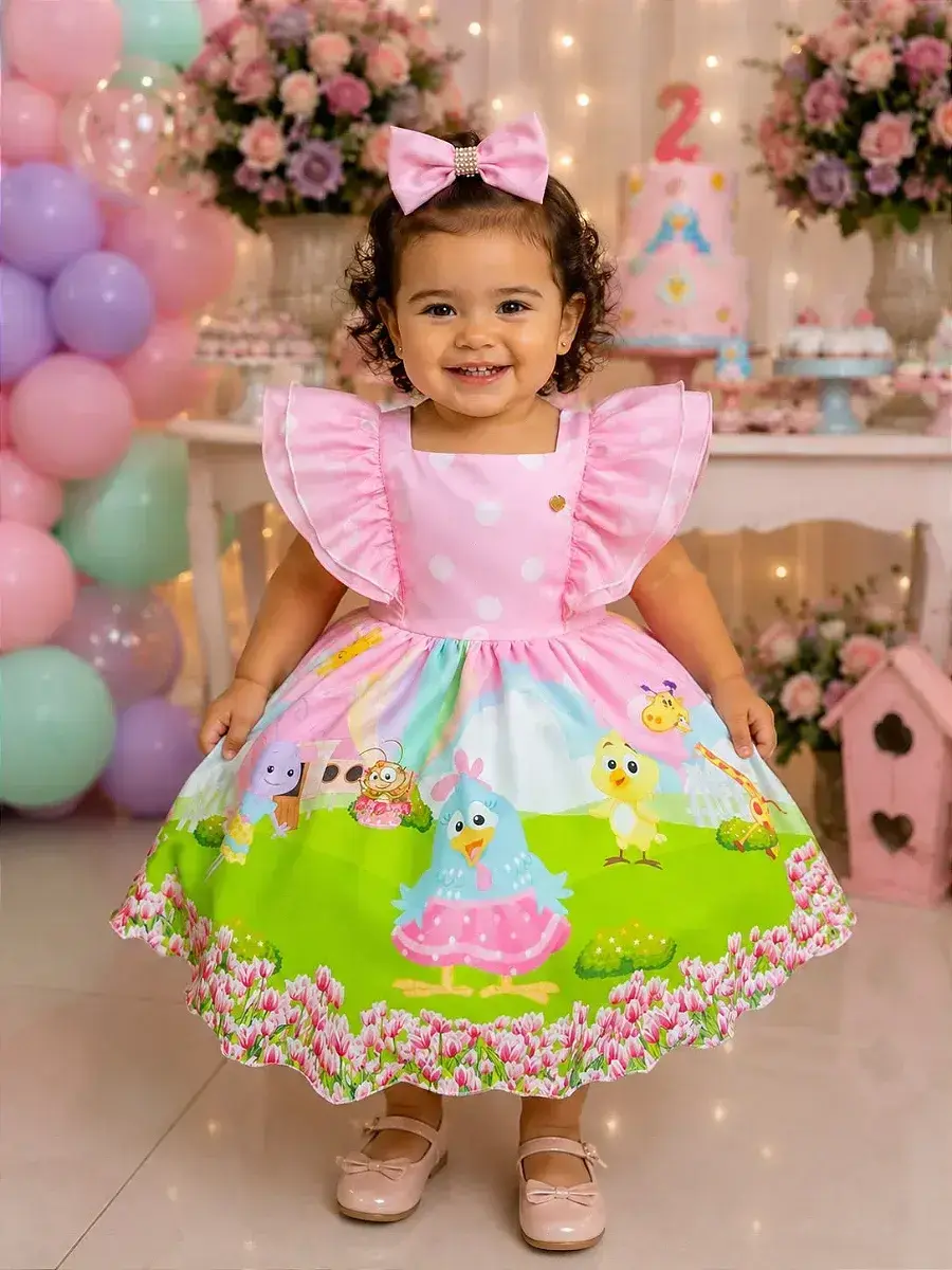 Vestido festa galinha pintadinha rosa