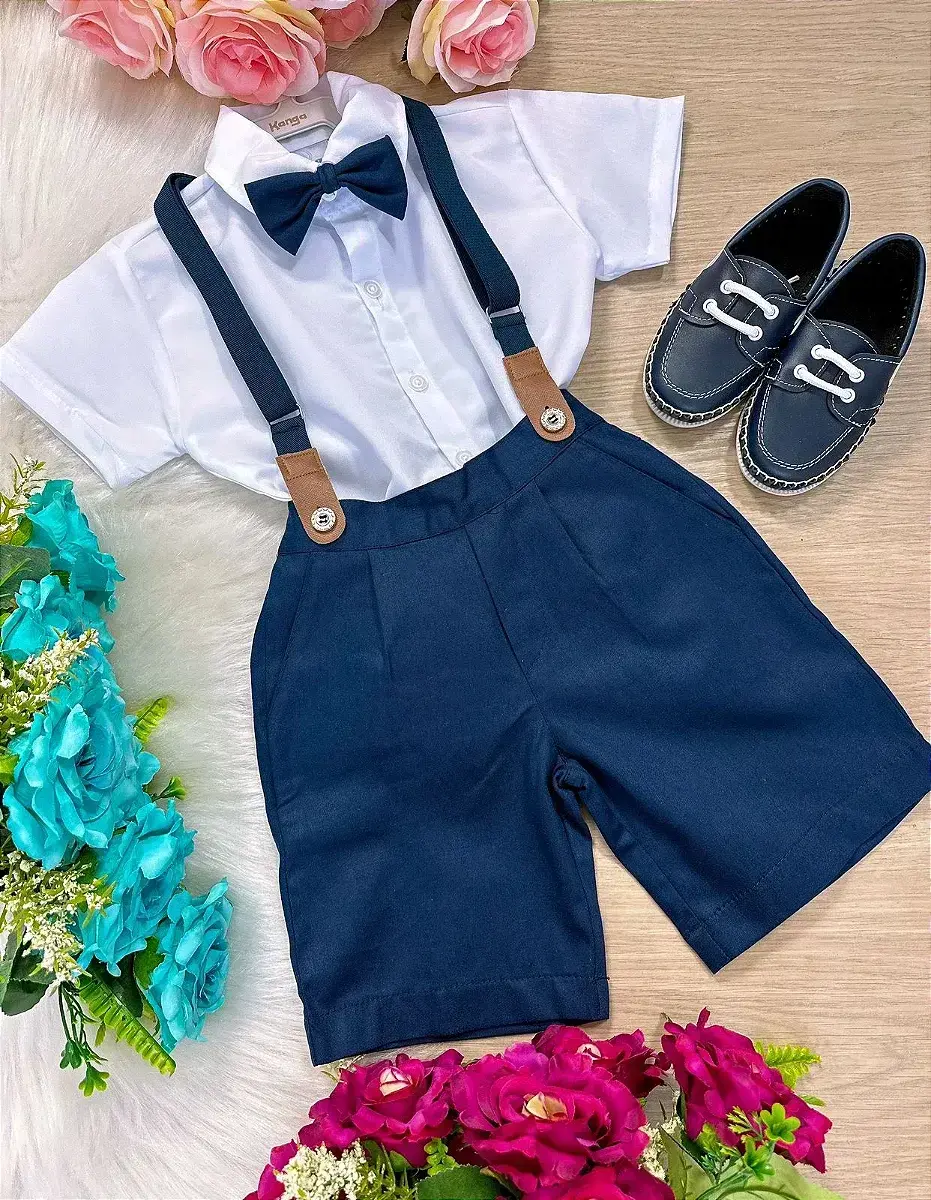 Conjunto social azul marinho suspensorio shorts