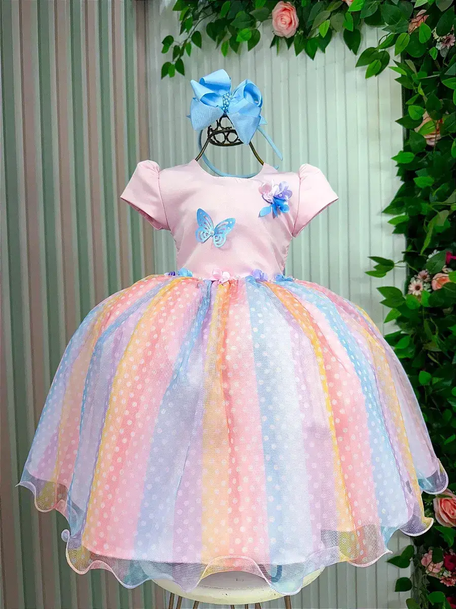 Vestido ana clara rosa saia colorida