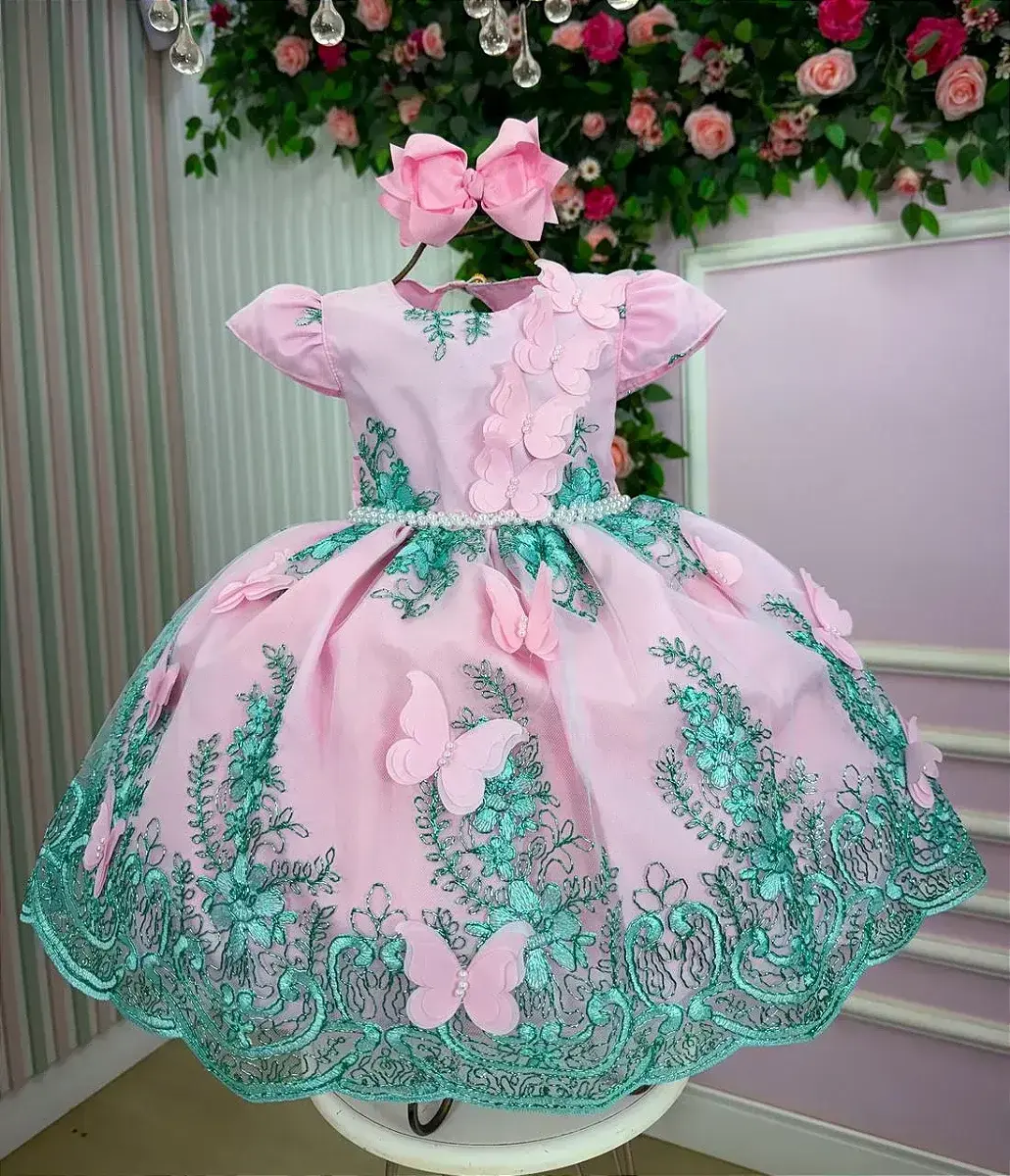 Vestido jardim encantado festa rosa verde tiffany