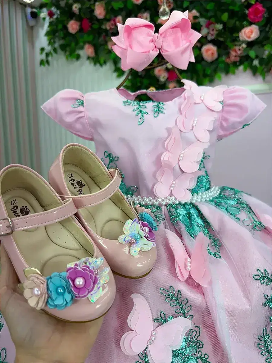 Vestido jardim encantado festa rosa verde tiffany, foto 2