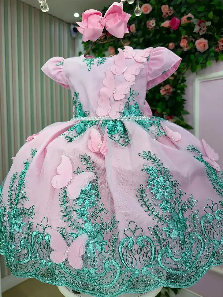 Vestido jardim encantado festa rosa verde tiffany, foto 3