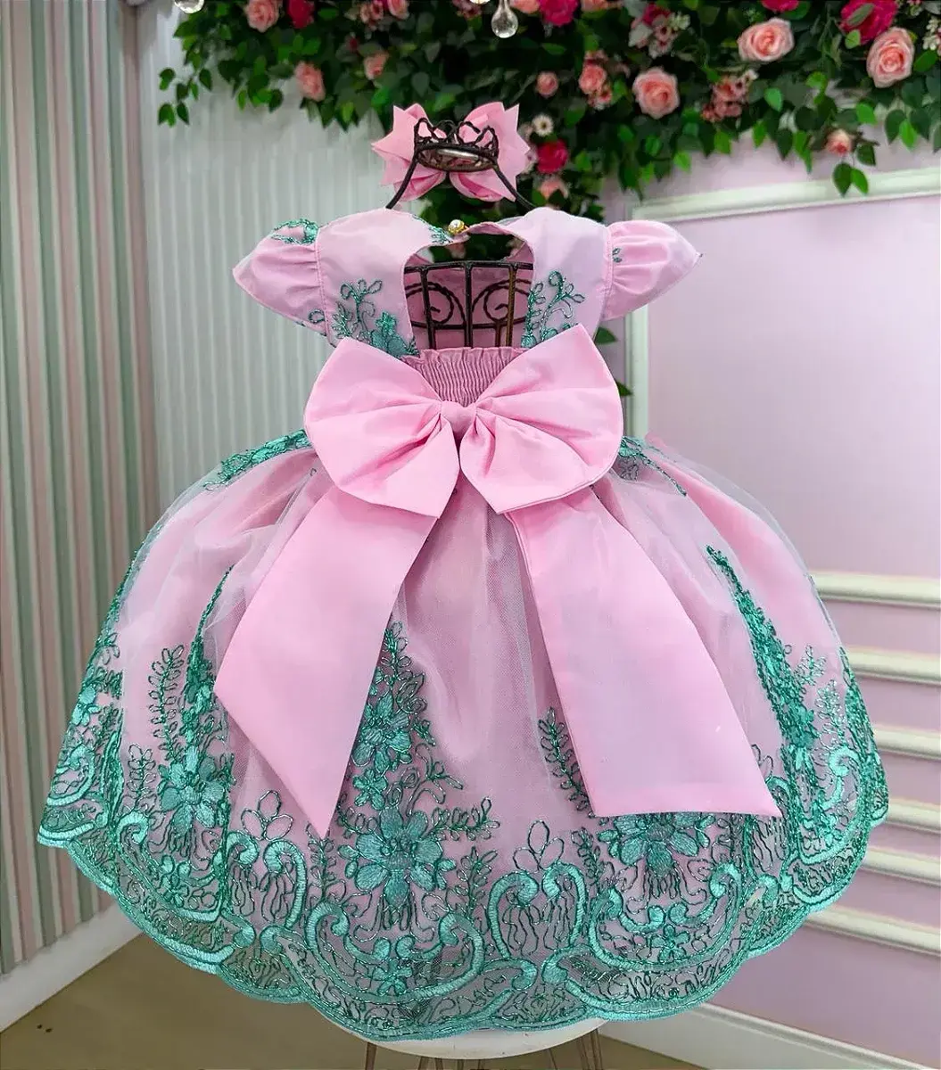 Vestido jardim encantado festa rosa verde tiffany, foto 5