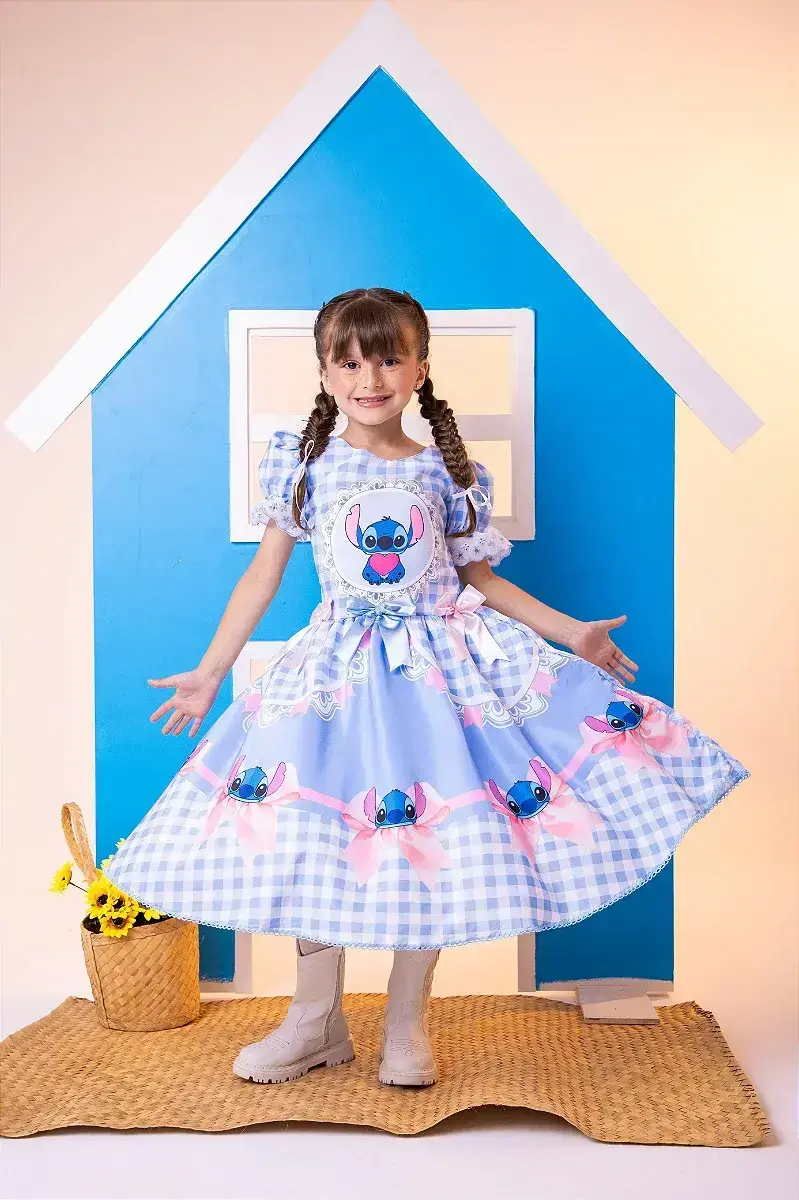 Vestido junino festa Lilo Stitch azul