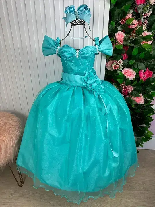 Vestido longo manga princesa verde tiffany