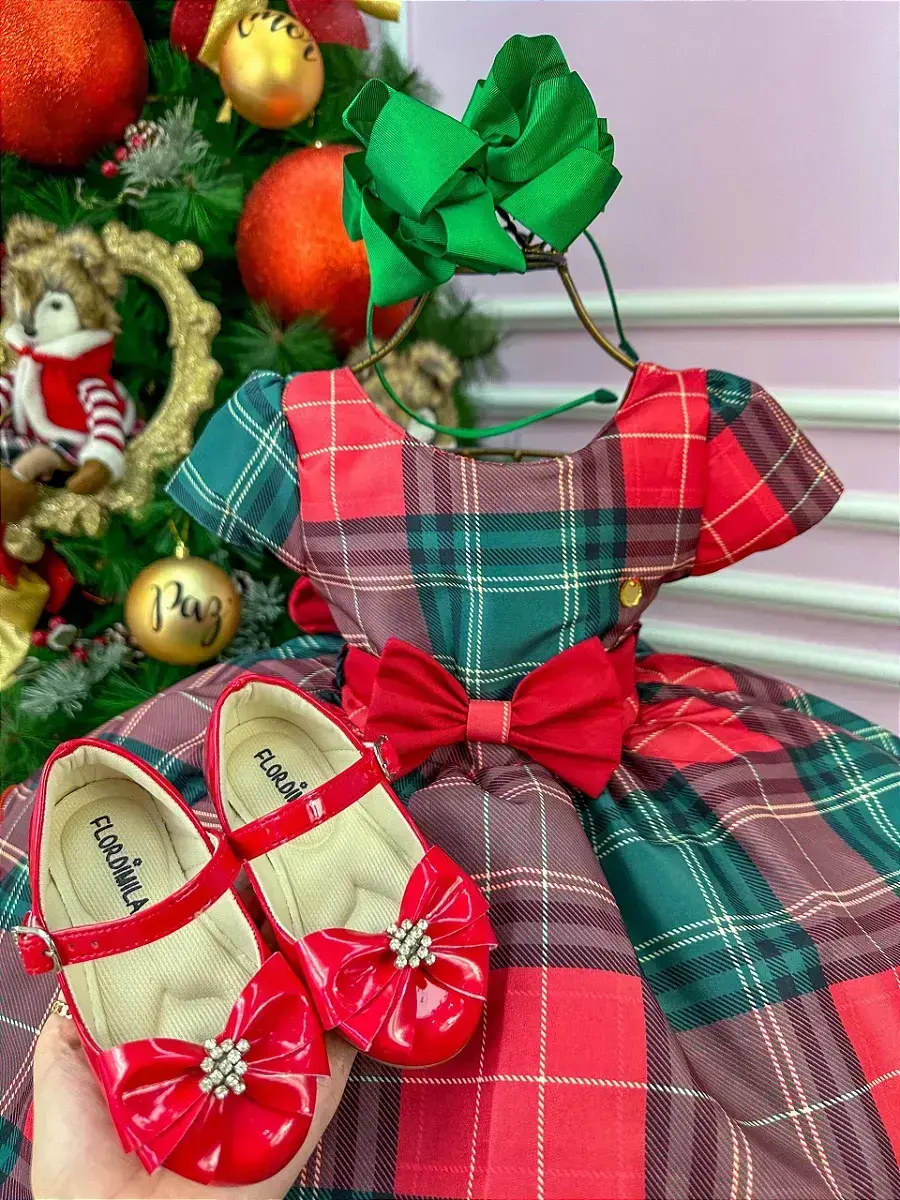 Vestido xadrez vermelho verde Natal