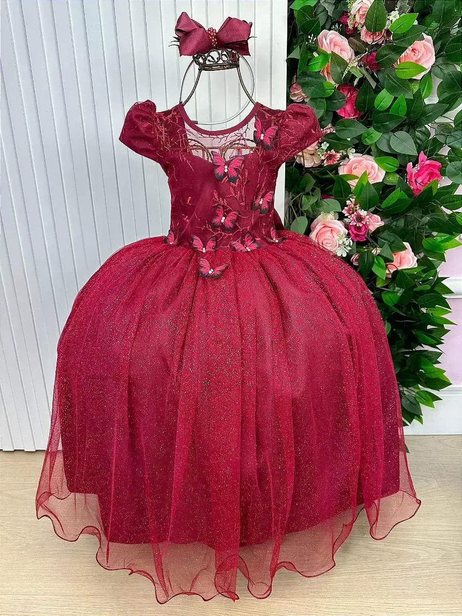 Vestido longo jardim encantado borboletas marsala
