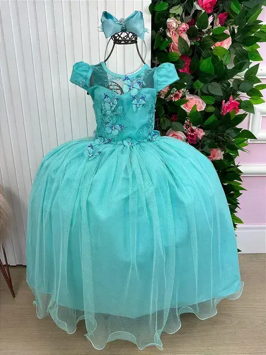 Vestido longo jardim encantado borboletas verde tiffany