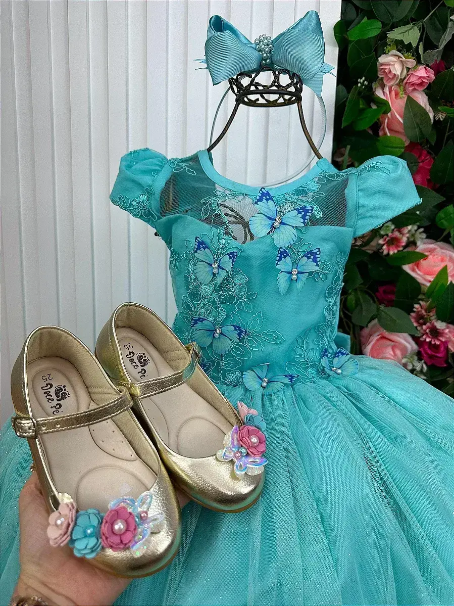Vestido longo jardim encantado borboletas verde tiffany, foto 2