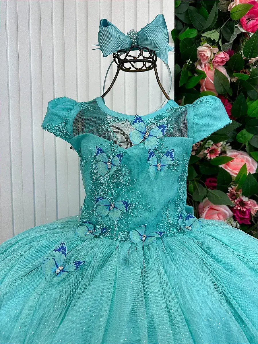 Vestido longo jardim encantado borboletas verde tiffany, foto 3
