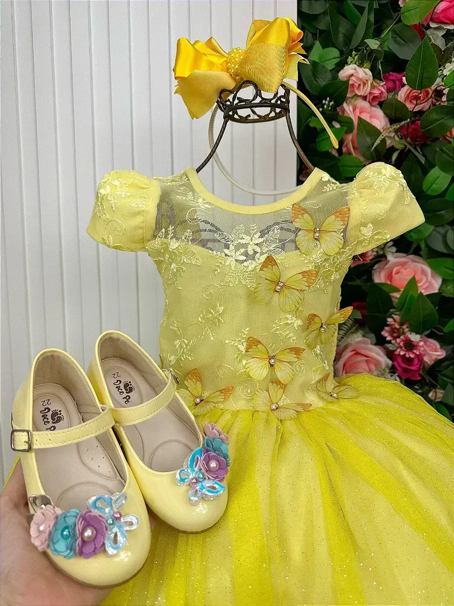 Vestido longo jardim encantado borboletas amarelo, foto 4