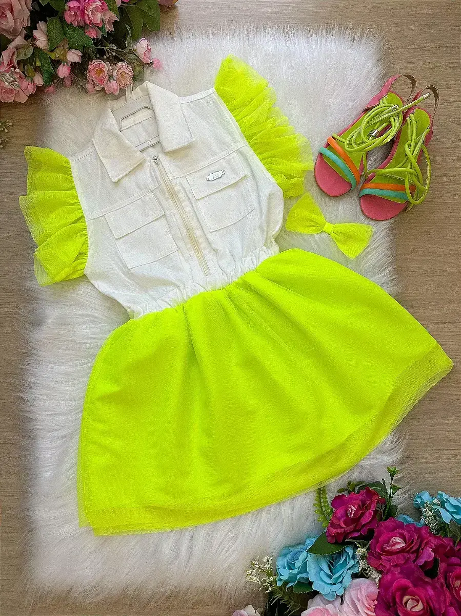 Vestido babado rebeca verde neon