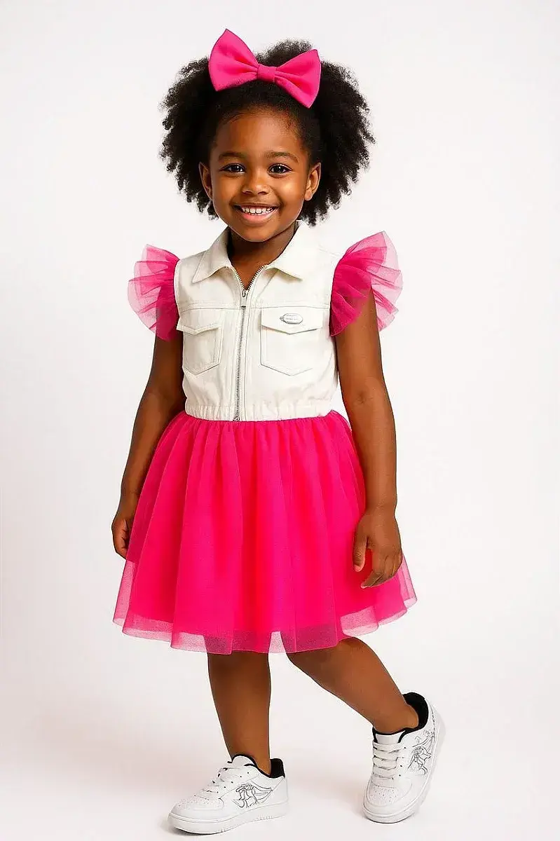 Vestido babado rebeca rosa neon