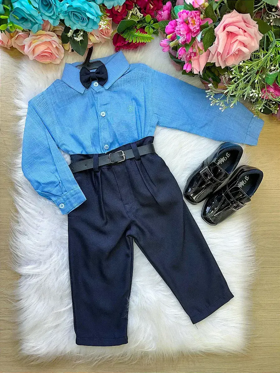 Conjunto masculino social azul linho com calça preto