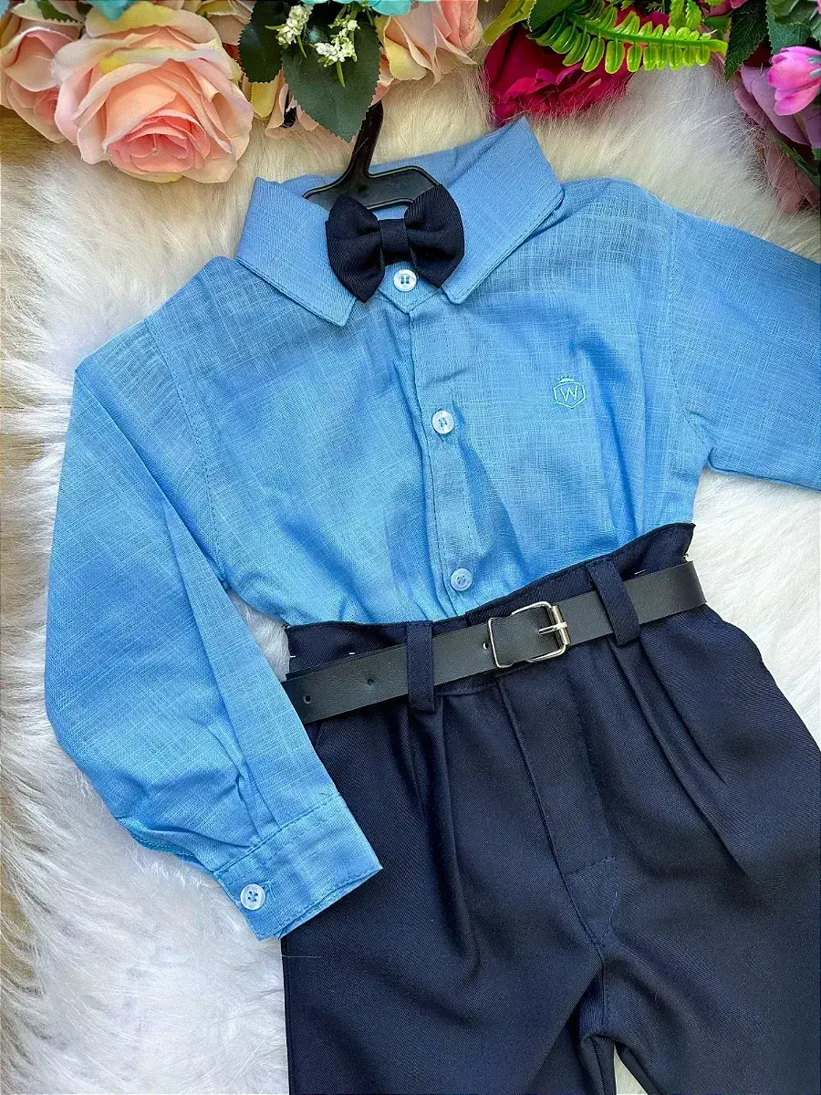 Conjunto masculino social azul linho com calça preto, foto 2
