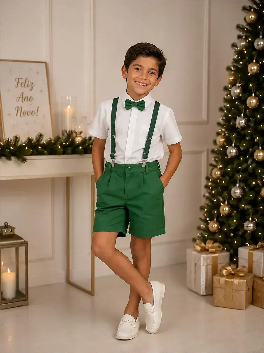 Conjunto henry camisa branca suspensorio verde