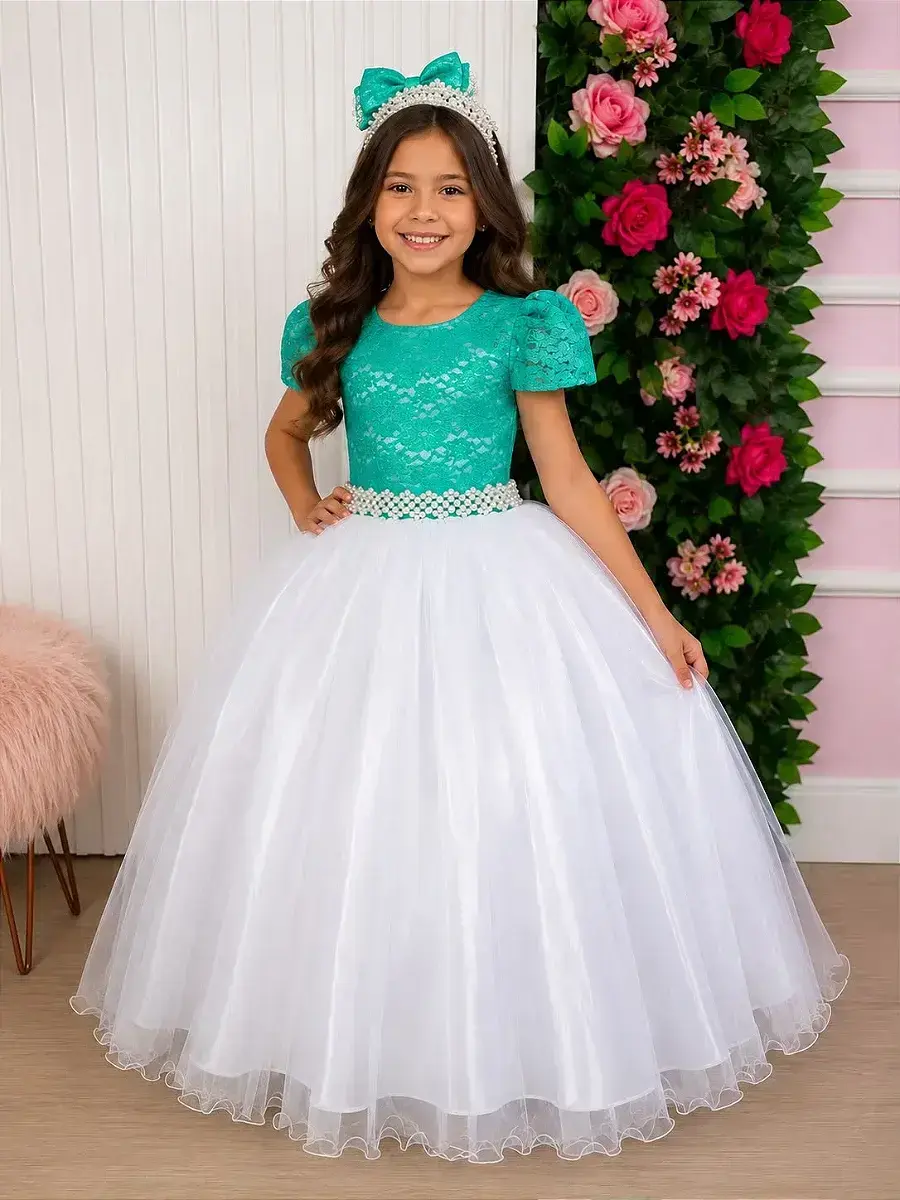 Vestido longo mari peito rendado verde tiffany