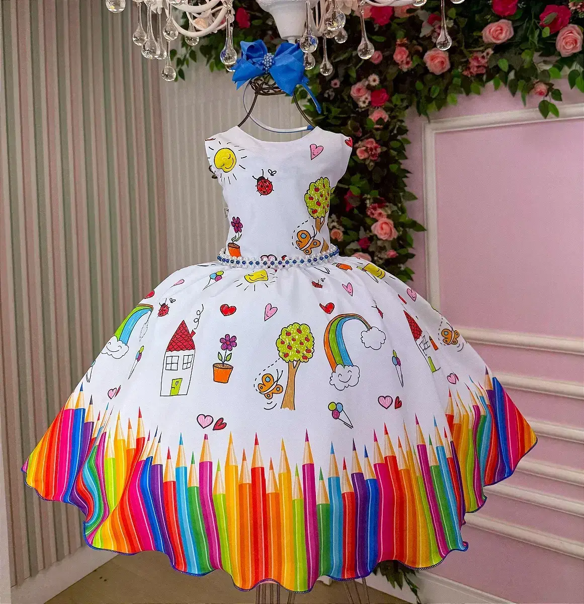 Vestido lapis aquarela abc branco azul royal