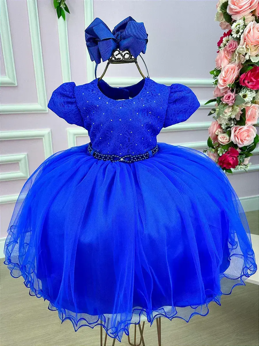 Vestido azul royal peito rendado