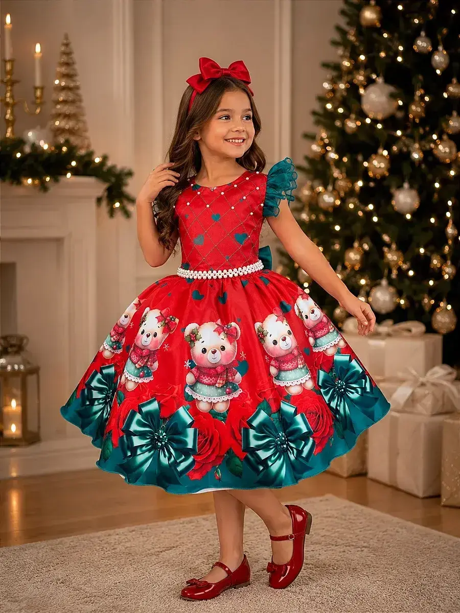 Vestido betina ursinhos vermelho Natal