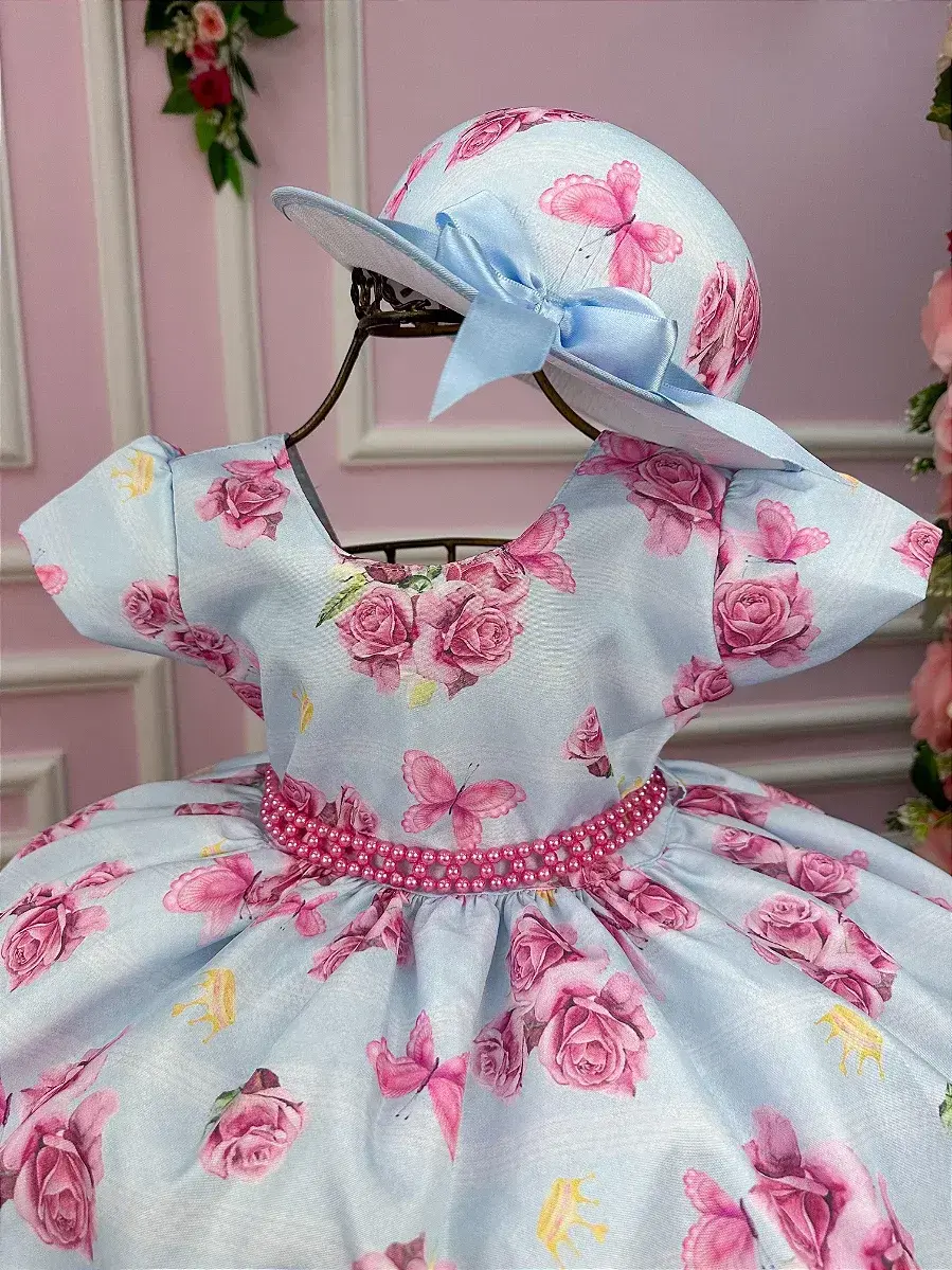 Vestido chapeu azul flores e borboletas, foto 3