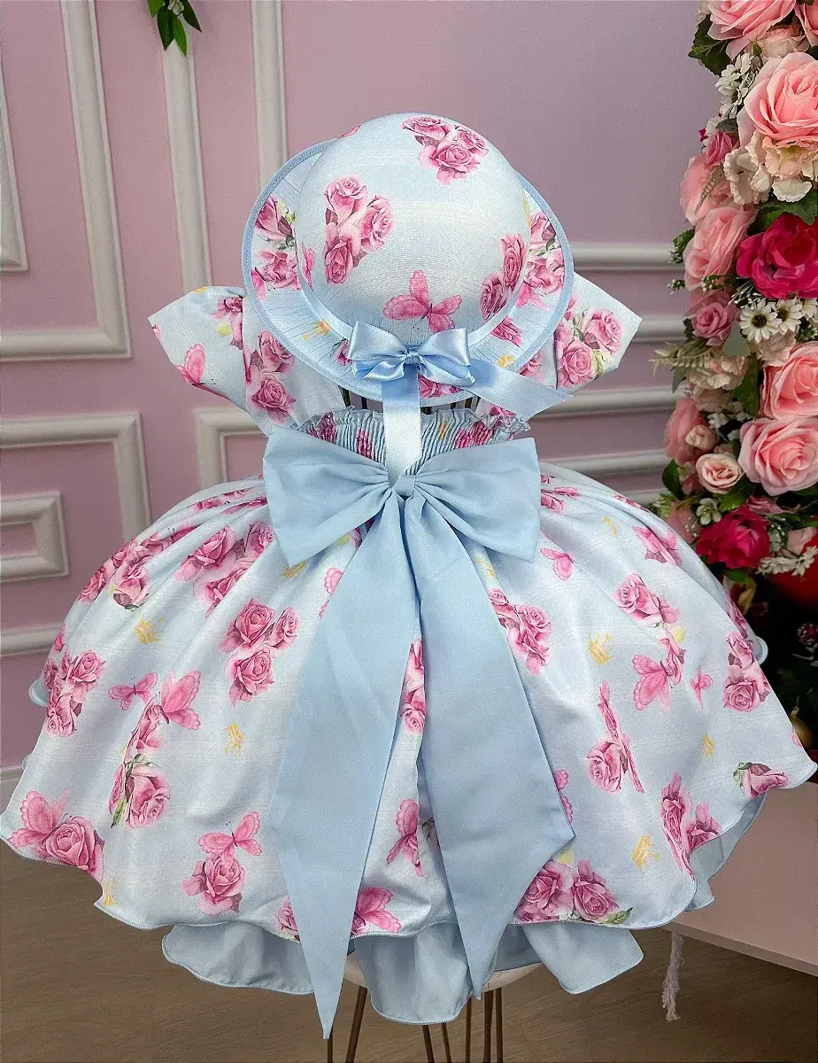Vestido chapeu azul flores e borboletas, foto 4