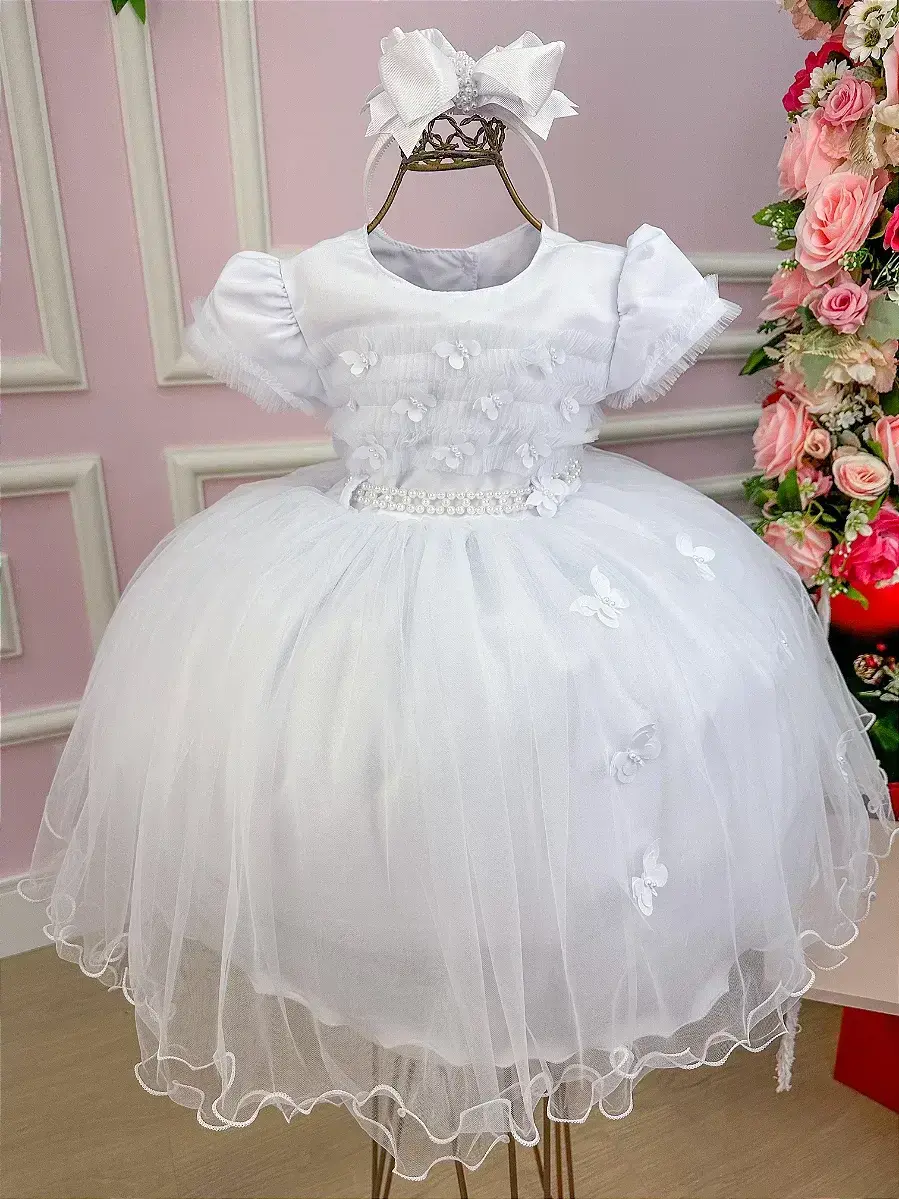 Vestido branco borboletas peito tule