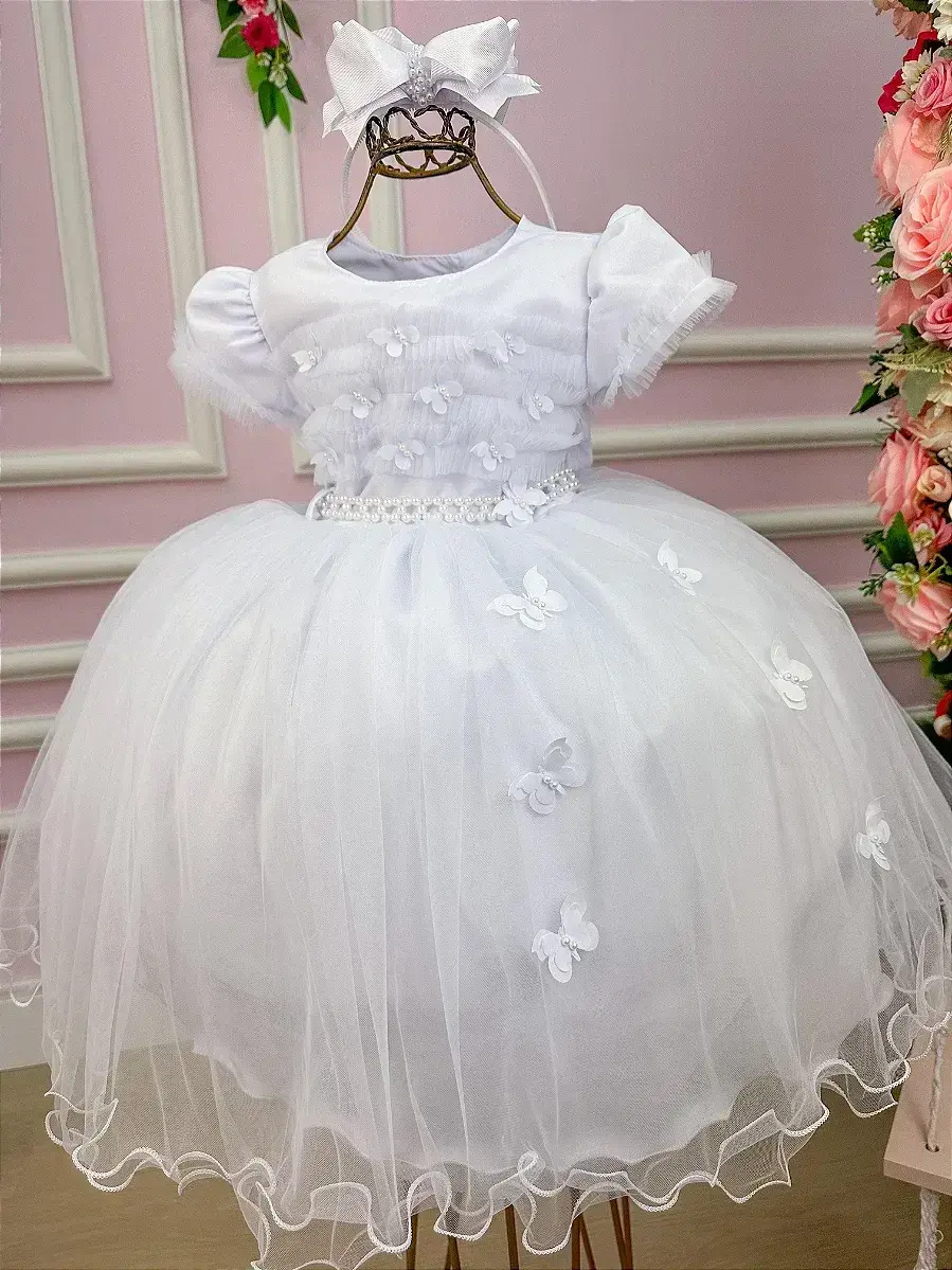 Vestido branco borboletas peito tule, foto 2