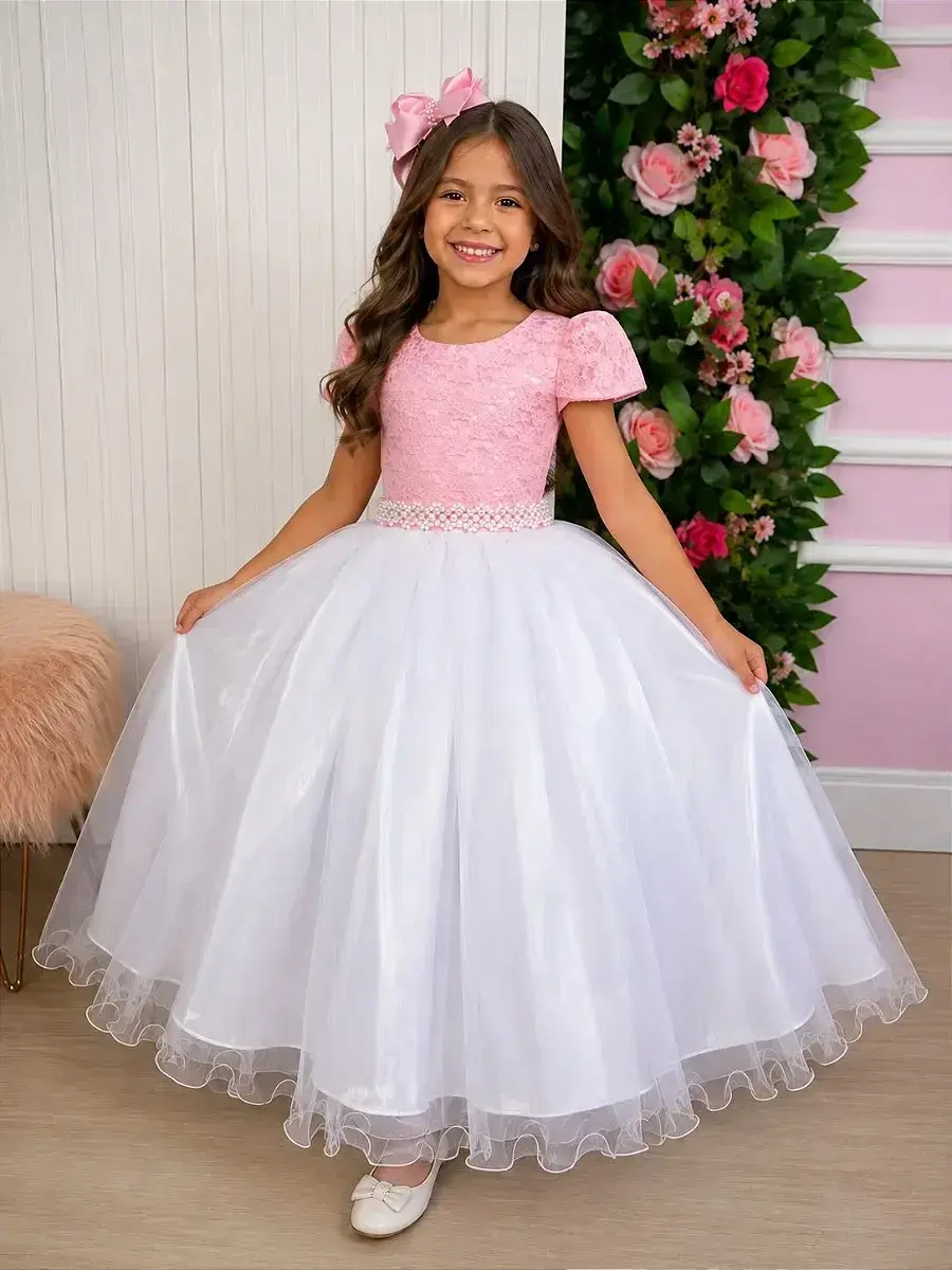 Vestido longo mari peito rendado rosa saia branca