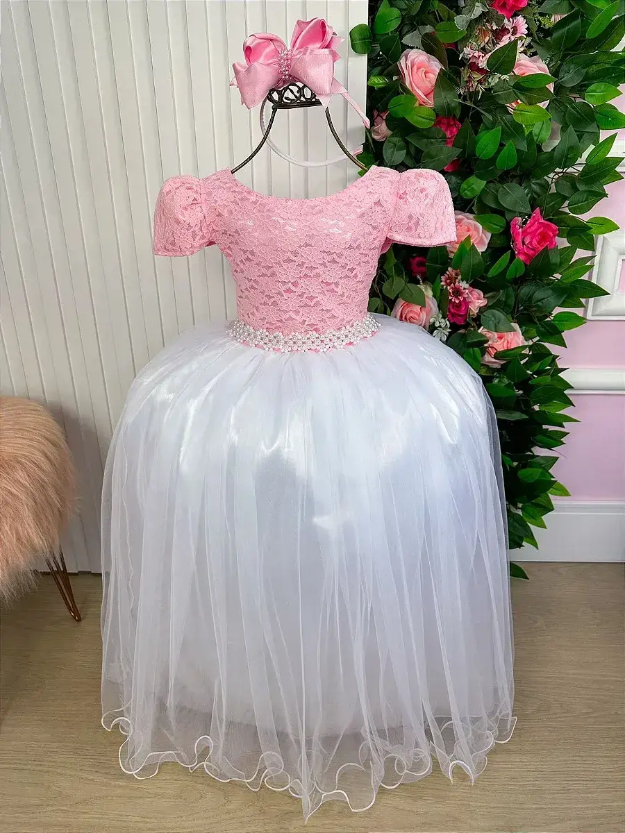 Vestido longo mari peito rendado rosa saia branca, foto 2