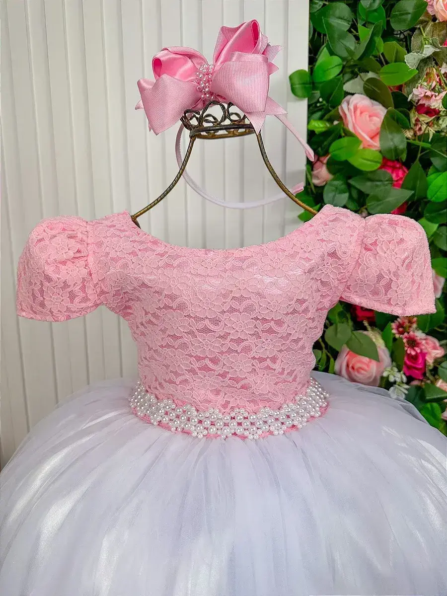 Vestido longo mari peito rendado rosa saia branca, foto 3