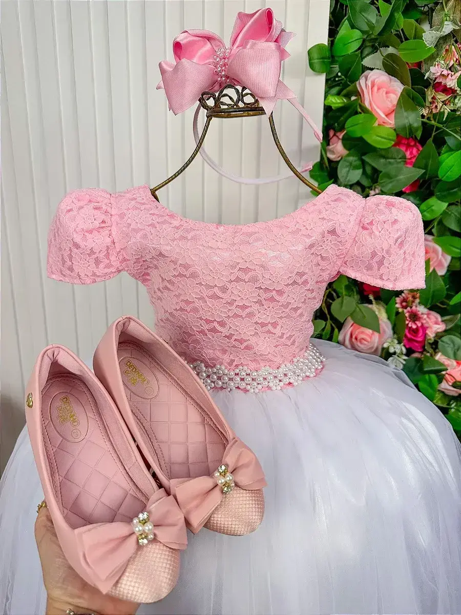 Vestido longo mari peito rendado rosa saia branca, foto 4