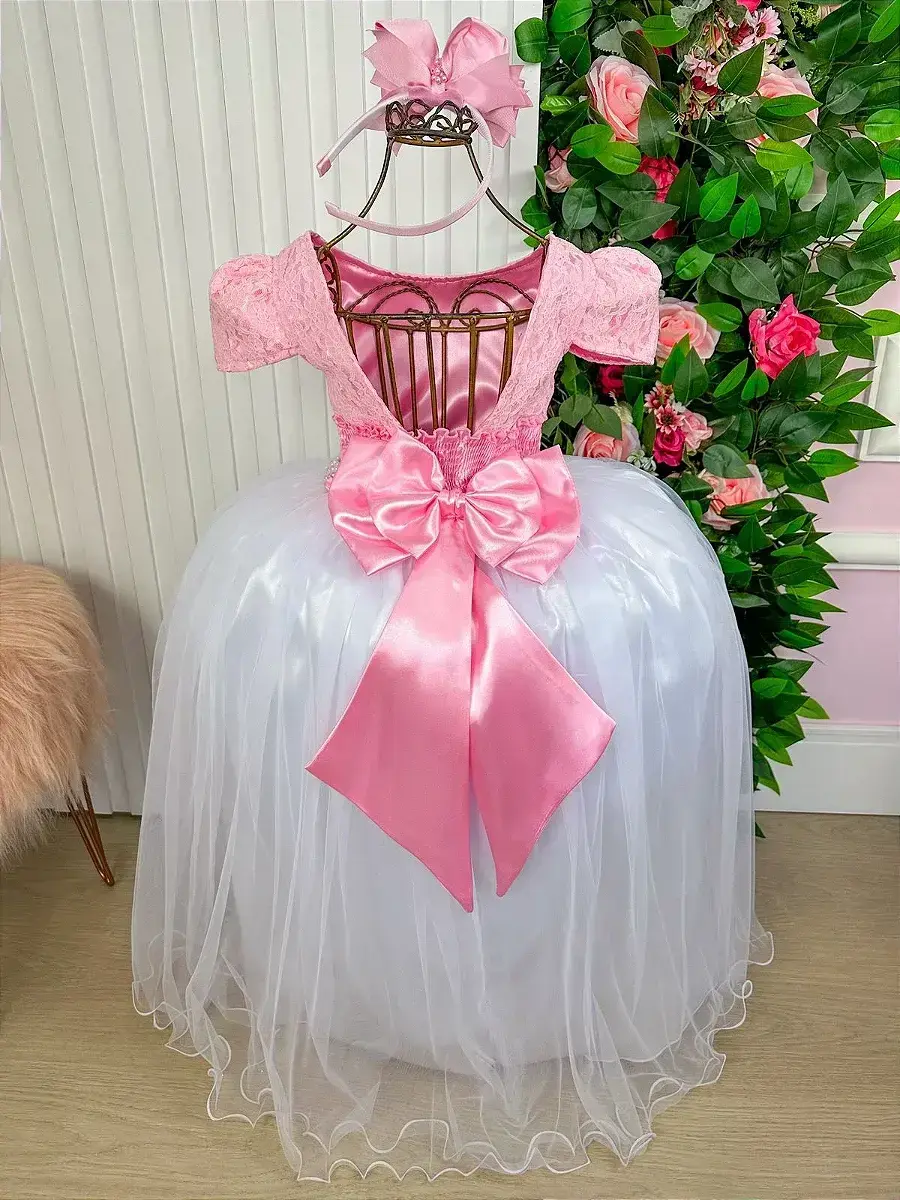 Vestido longo mari peito rendado rosa saia branca, foto 5