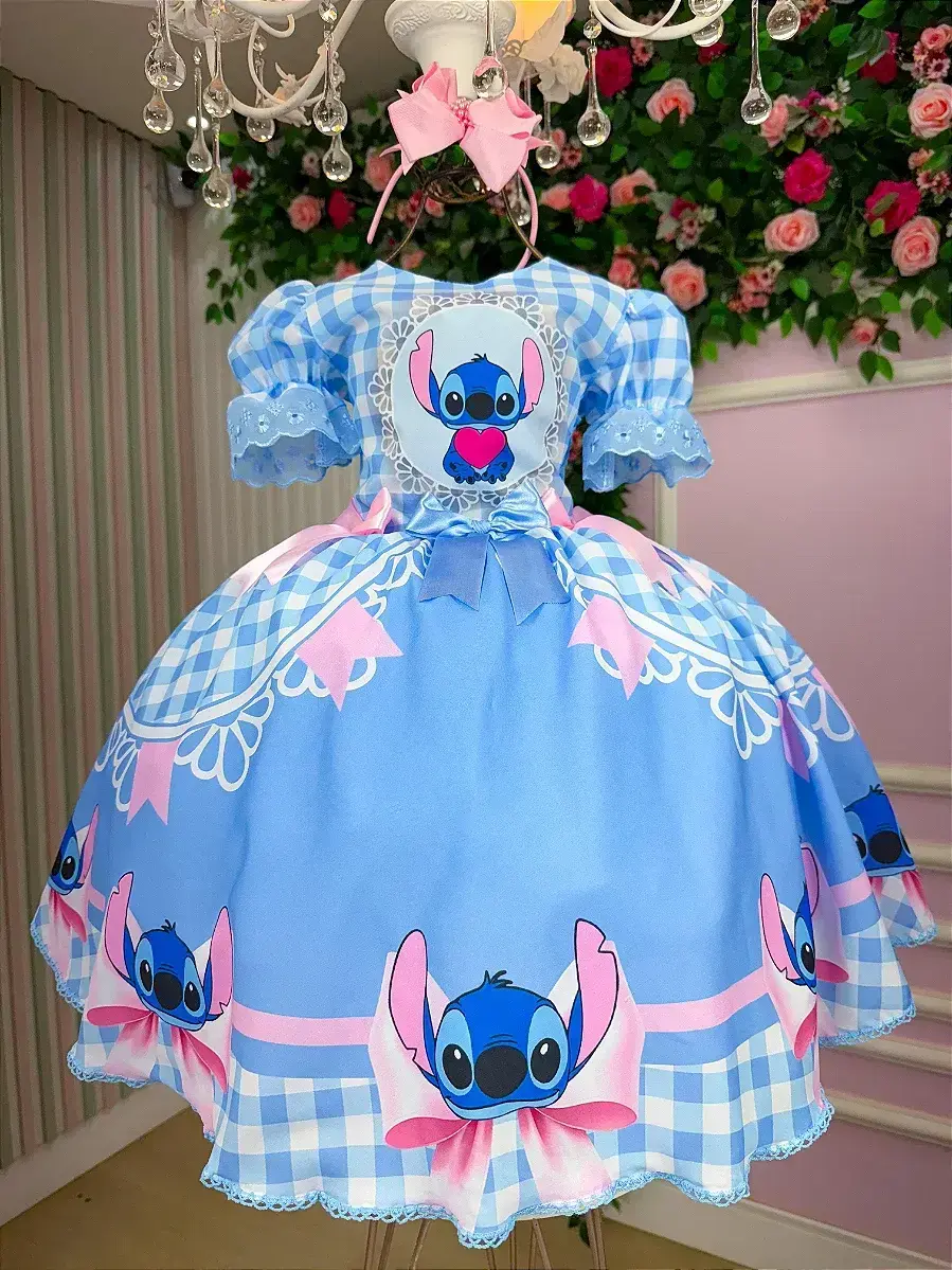 Vestido junino festa Lilo Stitch azul
