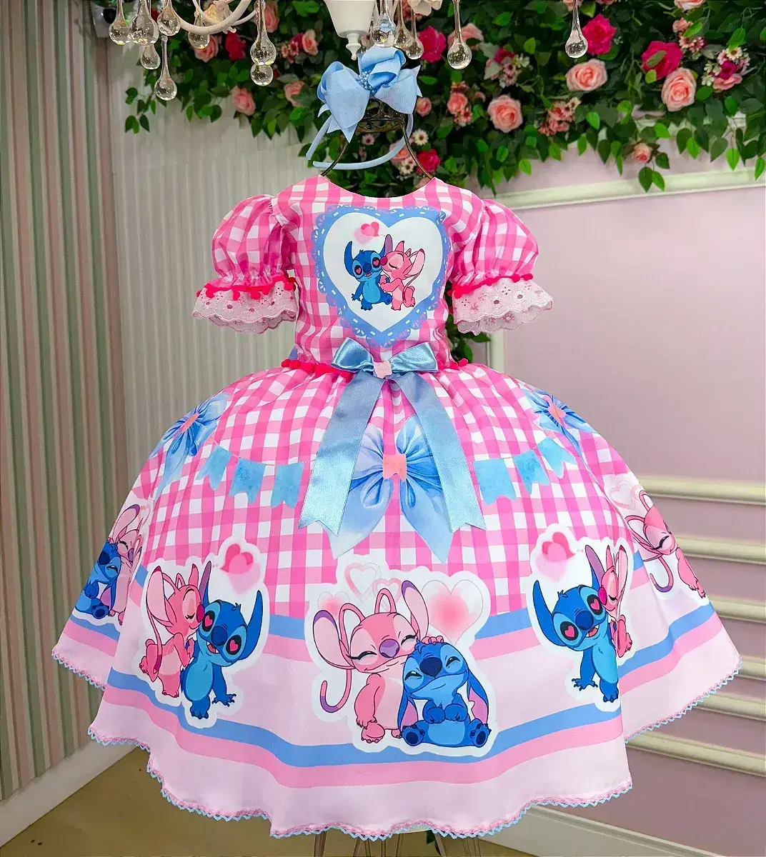 Vestido junino festa Lilo Stitch rosa