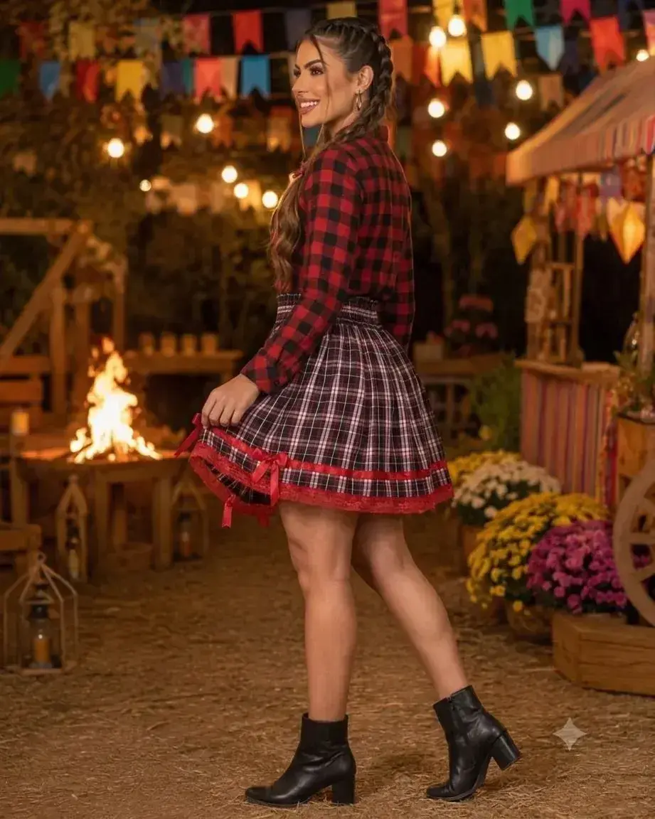 Saia junina adulta xadrez renda vermelho, foto 2