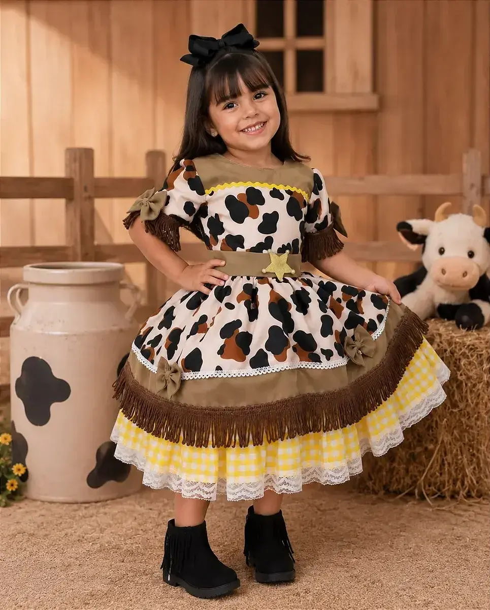 Vestido festa doce mimosa marrom fazendinha vaquinha