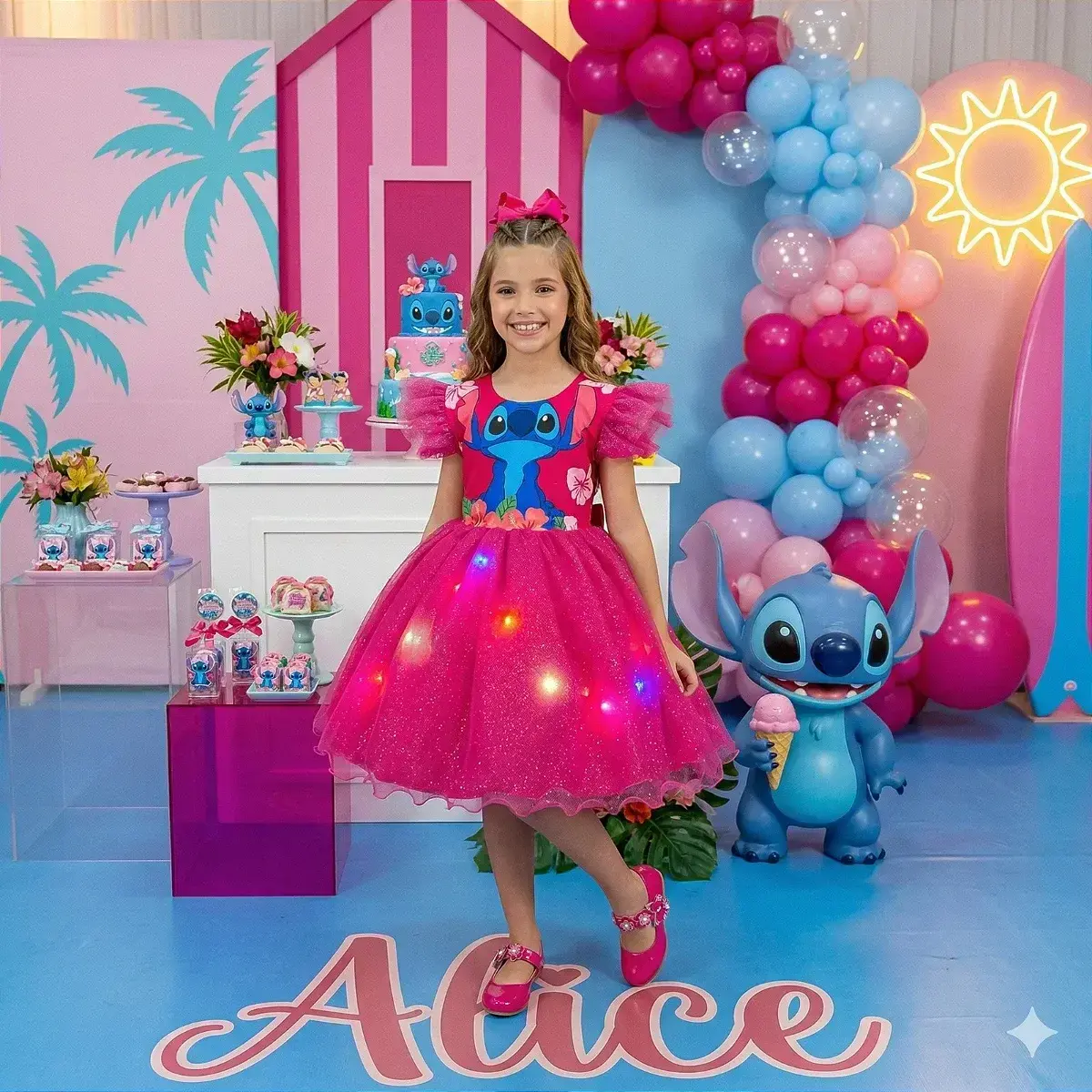 Vestido festa Lilo Stitch pink com led