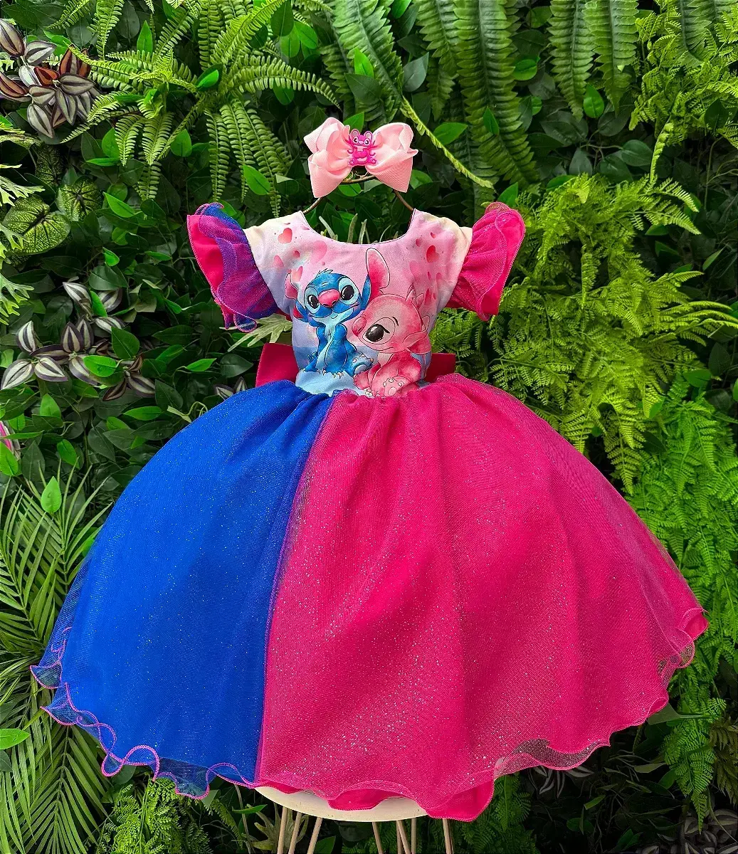 Vestido festa Lilo Stitch pink azul com led, foto 5