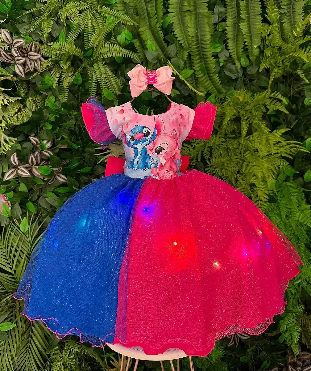 Vestido festa Lilo Stitch pink azul com led, foto 3