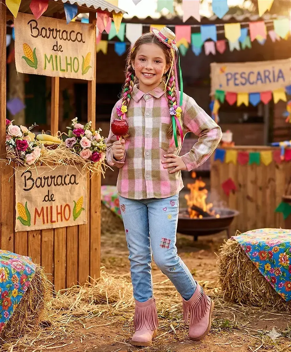 Camisa flanelada xadrez junina taylor rosa