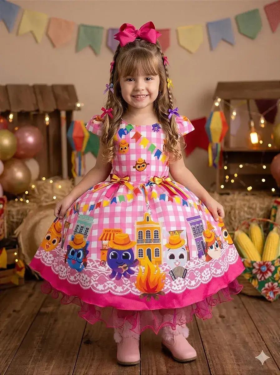 Vestido junino festa bolo fofo rosa