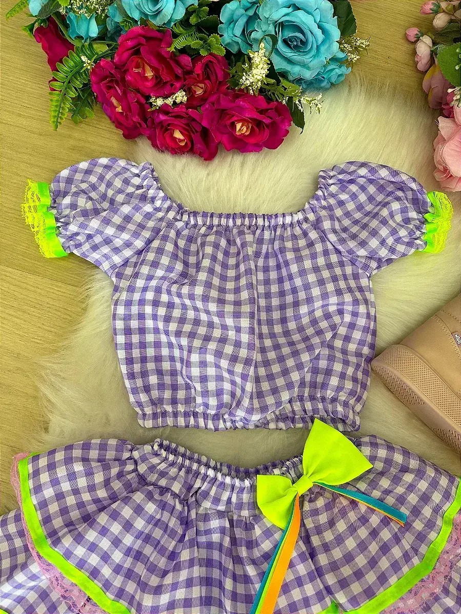 Conjunto junino festa sofia xadrez lilas, foto 4