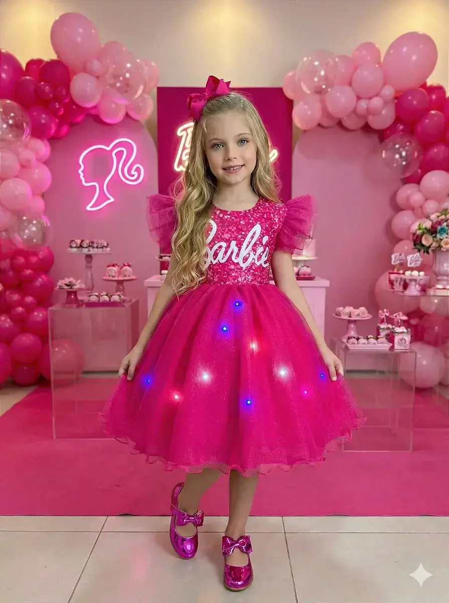 Vestido Barbie luxinho pink com led, foto 2
