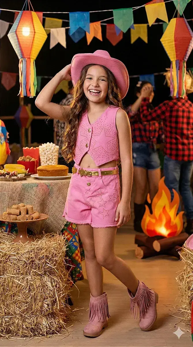 Conjunto Boiadeira estrelada rosa